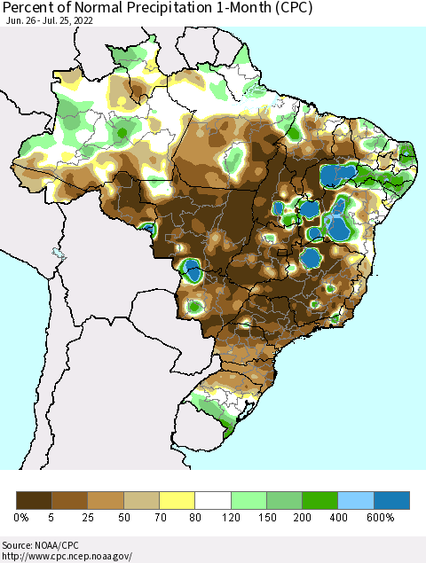 Brazil Percent of Normal Precipitation 1-Month (CPC) Thematic Map For 6/26/2022 - 7/25/2022