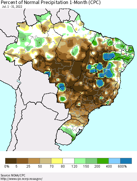 Brazil Percent of Normal Precipitation 1-Month (CPC) Thematic Map For 7/1/2022 - 7/31/2022