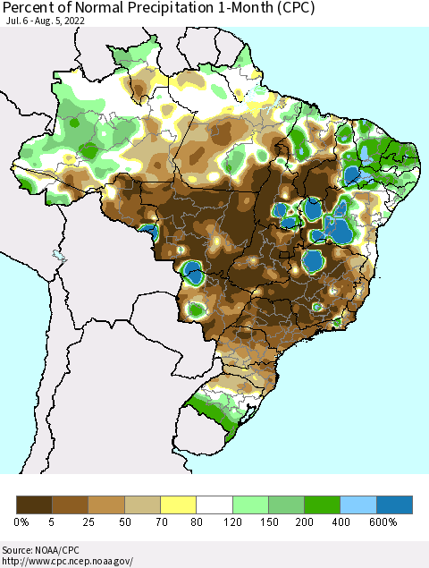 Brazil Percent of Normal Precipitation 1-Month (CPC) Thematic Map For 7/6/2022 - 8/5/2022