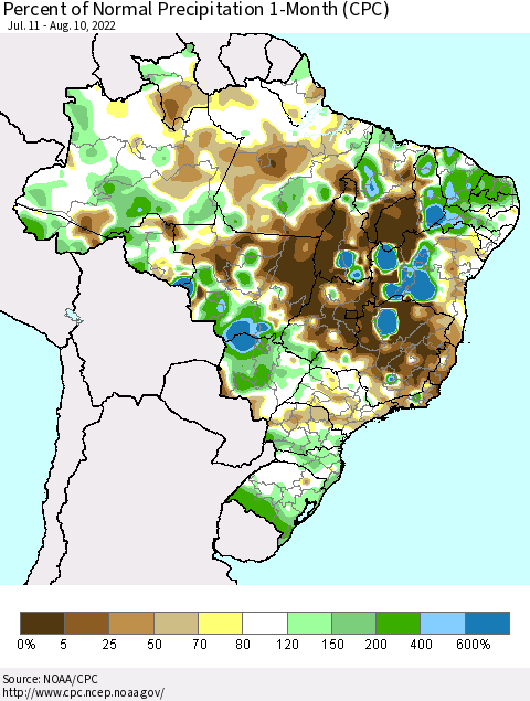 Brazil Percent of Normal Precipitation 1-Month (CPC) Thematic Map For 7/11/2022 - 8/10/2022