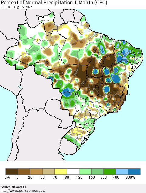 Brazil Percent of Normal Precipitation 1-Month (CPC) Thematic Map For 7/16/2022 - 8/15/2022