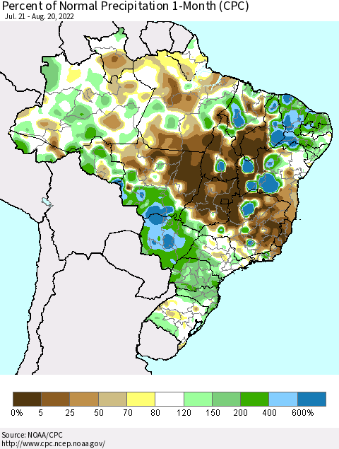 Brazil Percent of Normal Precipitation 1-Month (CPC) Thematic Map For 7/21/2022 - 8/20/2022