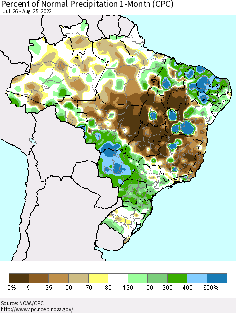 Brazil Percent of Normal Precipitation 1-Month (CPC) Thematic Map For 7/26/2022 - 8/25/2022