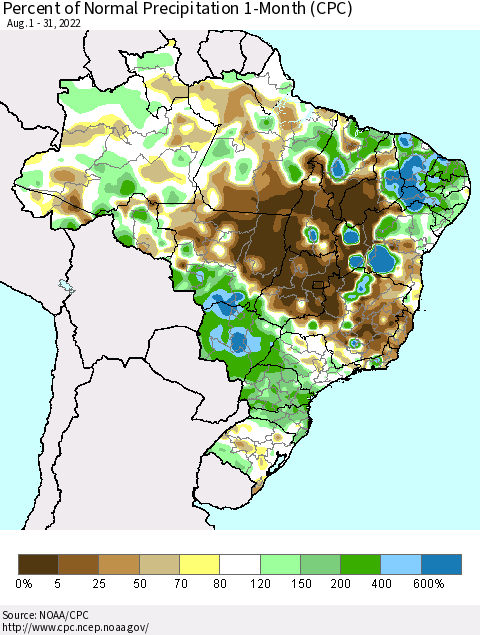 Brazil Percent of Normal Precipitation 1-Month (CPC) Thematic Map For 8/1/2022 - 8/31/2022