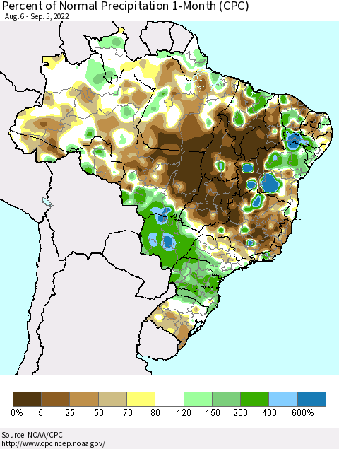 Brazil Percent of Normal Precipitation 1-Month (CPC) Thematic Map For 8/6/2022 - 9/5/2022