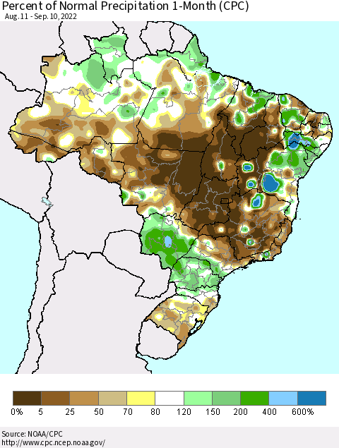 Brazil Percent of Normal Precipitation 1-Month (CPC) Thematic Map For 8/11/2022 - 9/10/2022