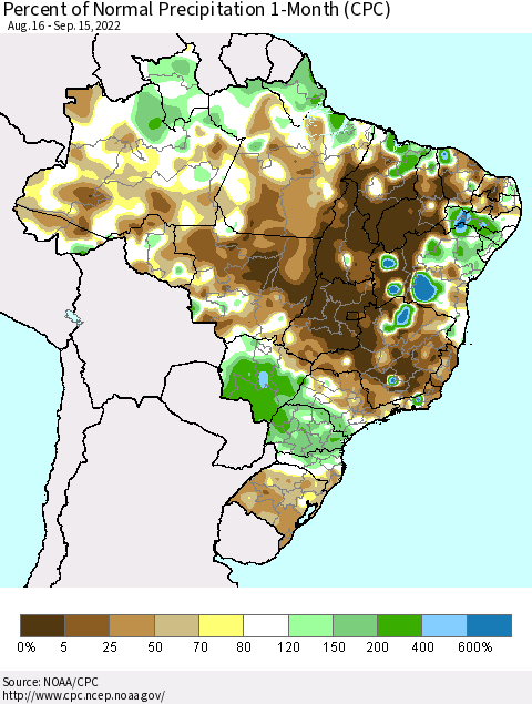 Brazil Percent of Normal Precipitation 1-Month (CPC) Thematic Map For 8/16/2022 - 9/15/2022