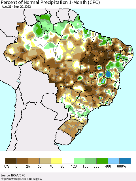 Brazil Percent of Normal Precipitation 1-Month (CPC) Thematic Map For 8/21/2022 - 9/20/2022