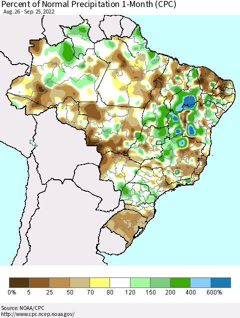 Brazil Percent of Normal Precipitation 1-Month (CPC) Thematic Map For 8/26/2022 - 9/25/2022