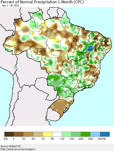 Brazil Percent of Normal Precipitation 1-Month (CPC) Thematic Map For 9/1/2022 - 9/30/2022