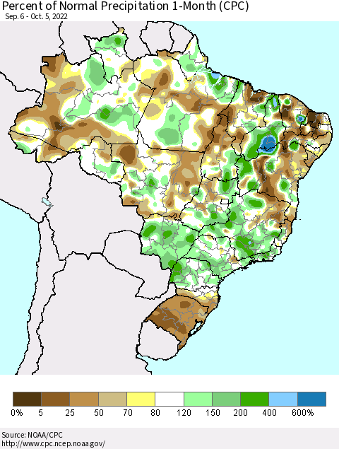 Brazil Percent of Normal Precipitation 1-Month (CPC) Thematic Map For 9/6/2022 - 10/5/2022