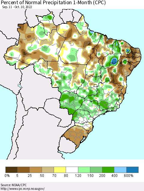 Brazil Percent of Normal Precipitation 1-Month (CPC) Thematic Map For 9/11/2022 - 10/10/2022