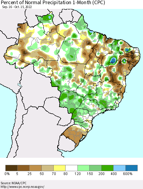 Brazil Percent of Normal Precipitation 1-Month (CPC) Thematic Map For 9/16/2022 - 10/15/2022