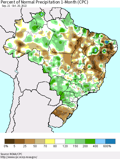 Brazil Percent of Normal Precipitation 1-Month (CPC) Thematic Map For 9/21/2022 - 10/20/2022