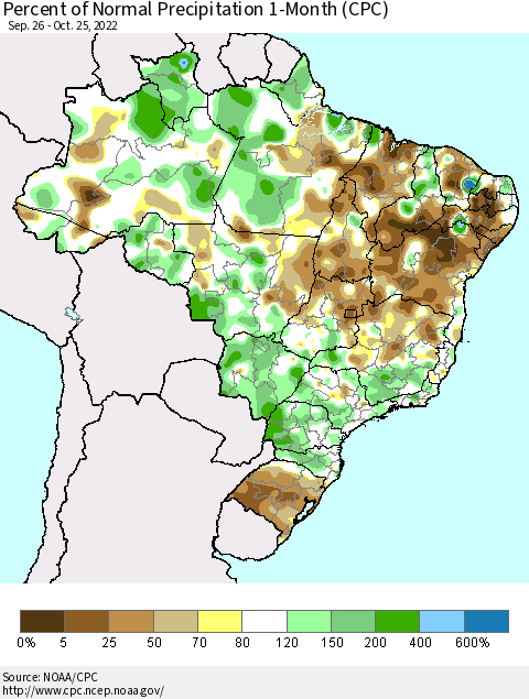 Brazil Percent of Normal Precipitation 1-Month (CPC) Thematic Map For 9/26/2022 - 10/25/2022
