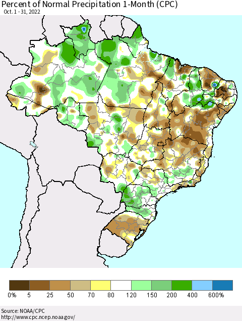 Brazil Percent of Normal Precipitation 1-Month (CPC) Thematic Map For 10/1/2022 - 10/31/2022