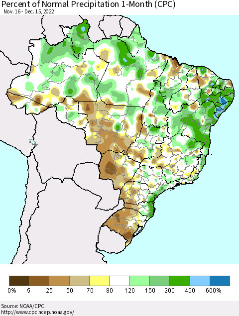 Brazil Percent of Normal Precipitation 1-Month (CPC) Thematic Map For 11/16/2022 - 12/15/2022