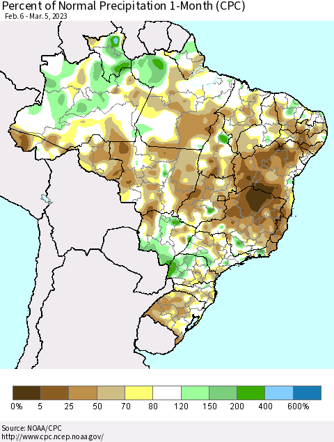 Brazil Percent of Normal Precipitation 1-Month (CPC) Thematic Map For 2/6/2023 - 3/5/2023