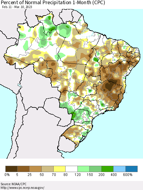 Brazil Percent of Normal Precipitation 1-Month (CPC) Thematic Map For 2/11/2023 - 3/10/2023