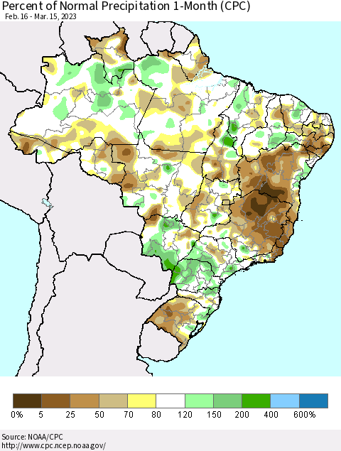 Brazil Percent of Normal Precipitation 1-Month (CPC) Thematic Map For 2/16/2023 - 3/15/2023