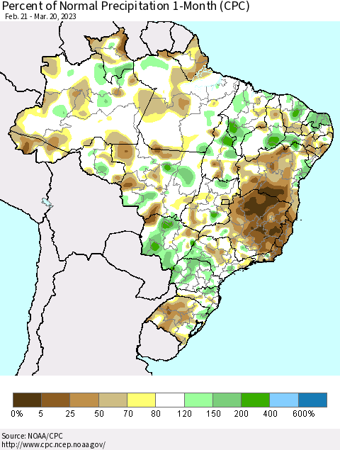 Brazil Percent of Normal Precipitation 1-Month (CPC) Thematic Map For 2/21/2023 - 3/20/2023