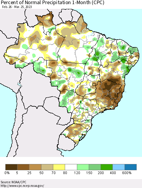 Brazil Percent of Normal Precipitation 1-Month (CPC) Thematic Map For 2/26/2023 - 3/25/2023