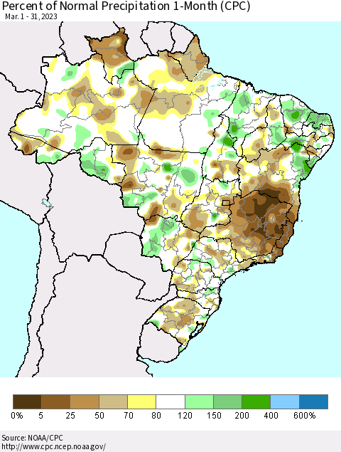 Brazil Percent of Normal Precipitation 1-Month (CPC) Thematic Map For 3/1/2023 - 3/31/2023