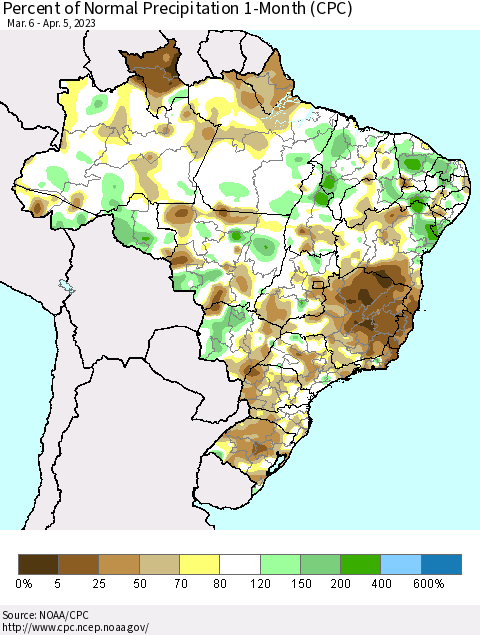 Brazil Percent of Normal Precipitation 1-Month (CPC) Thematic Map For 3/6/2023 - 4/5/2023