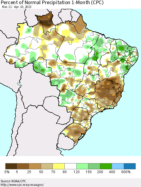 Brazil Percent of Normal Precipitation 1-Month (CPC) Thematic Map For 3/11/2023 - 4/10/2023
