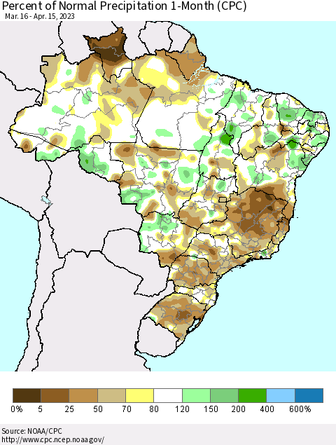 Brazil Percent of Normal Precipitation 1-Month (CPC) Thematic Map For 3/16/2023 - 4/15/2023