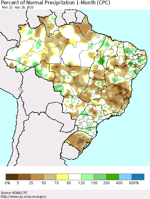Brazil Percent of Normal Precipitation 1-Month (CPC) Thematic Map For 3/21/2023 - 4/20/2023