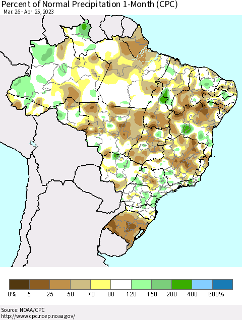 Brazil Percent of Normal Precipitation 1-Month (CPC) Thematic Map For 3/26/2023 - 4/25/2023