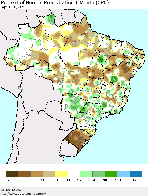 Brazil Percent of Normal Precipitation 1-Month (CPC) Thematic Map For 4/1/2023 - 4/30/2023