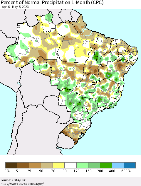 Brazil Percent of Normal Precipitation 1-Month (CPC) Thematic Map For 4/6/2023 - 5/5/2023