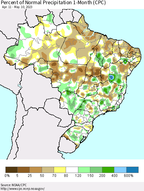 Brazil Percent of Normal Precipitation 1-Month (CPC) Thematic Map For 4/11/2023 - 5/10/2023