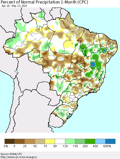 Brazil Percent of Normal Precipitation 1-Month (CPC) Thematic Map For 4/16/2023 - 5/15/2023