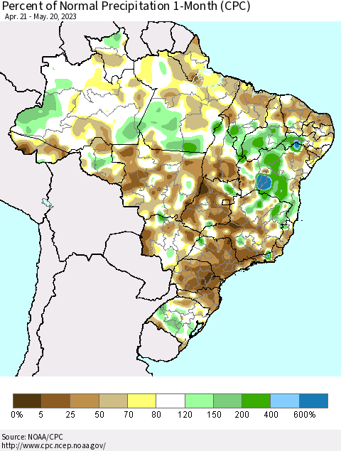 Brazil Percent of Normal Precipitation 1-Month (CPC) Thematic Map For 4/21/2023 - 5/20/2023