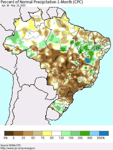 Brazil Percent of Normal Precipitation 1-Month (CPC) Thematic Map For 4/26/2023 - 5/25/2023