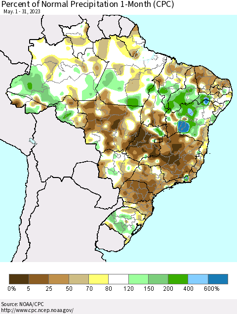 Brazil Percent of Normal Precipitation 1-Month (CPC) Thematic Map For 5/1/2023 - 5/31/2023