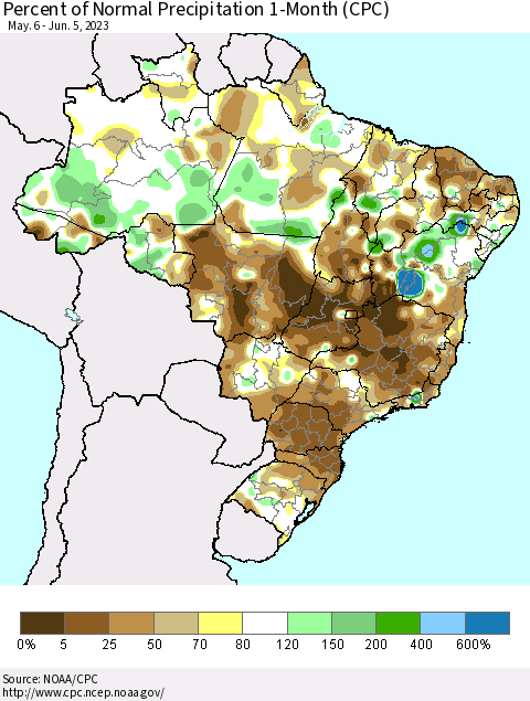 Brazil Percent of Normal Precipitation 1-Month (CPC) Thematic Map For 5/6/2023 - 6/5/2023