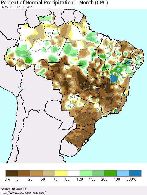 Brazil Percent of Normal Precipitation 1-Month (CPC) Thematic Map For 5/11/2023 - 6/10/2023
