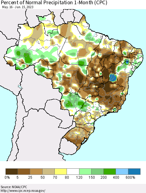 Brazil Percent of Normal Precipitation 1-Month (CPC) Thematic Map For 5/16/2023 - 6/15/2023