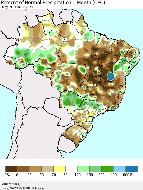 Brazil Percent of Normal Precipitation 1-Month (CPC) Thematic Map For 5/21/2023 - 6/20/2023