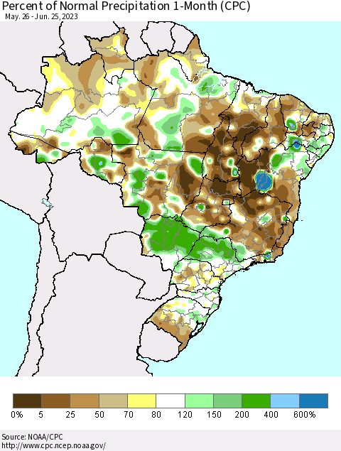 Brazil Percent of Normal Precipitation 1-Month (CPC) Thematic Map For 5/26/2023 - 6/25/2023