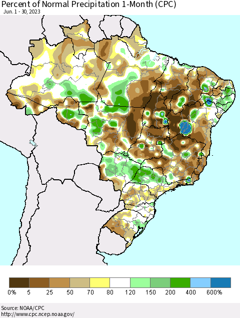 Brazil Percent of Normal Precipitation 1-Month (CPC) Thematic Map For 6/1/2023 - 6/30/2023