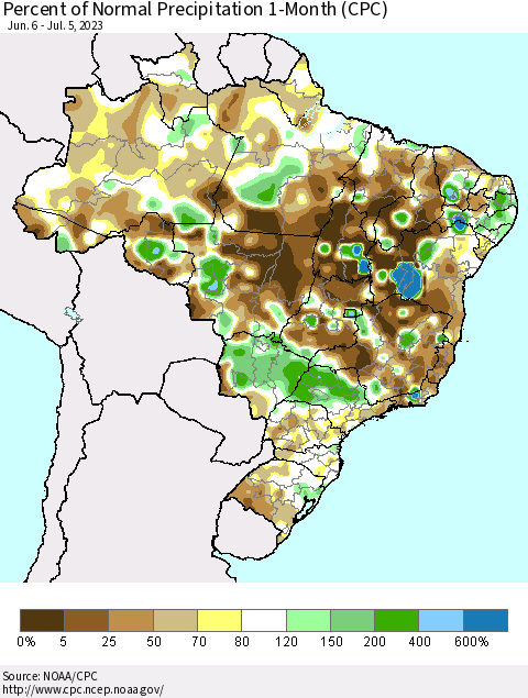Brazil Percent of Normal Precipitation 1-Month (CPC) Thematic Map For 6/6/2023 - 7/5/2023