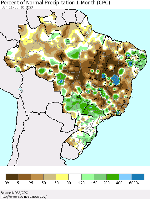 Brazil Percent of Normal Precipitation 1-Month (CPC) Thematic Map For 6/11/2023 - 7/10/2023
