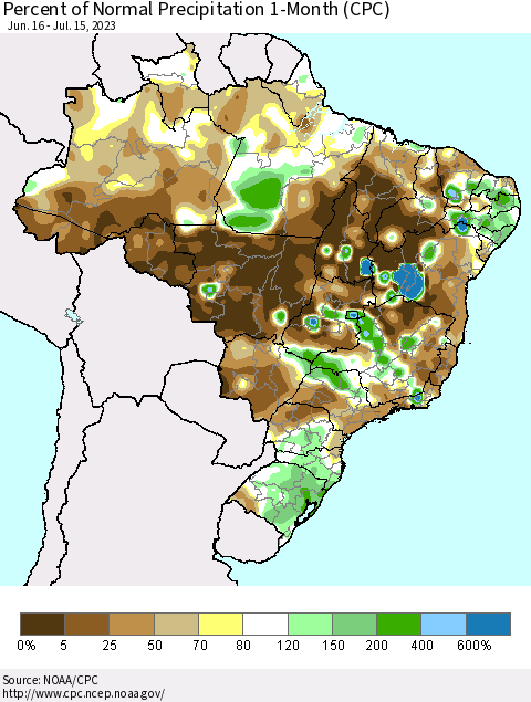 Brazil Percent of Normal Precipitation 1-Month (CPC) Thematic Map For 6/16/2023 - 7/15/2023