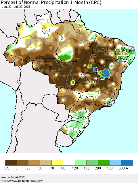 Brazil Percent of Normal Precipitation 1-Month (CPC) Thematic Map For 6/21/2023 - 7/20/2023