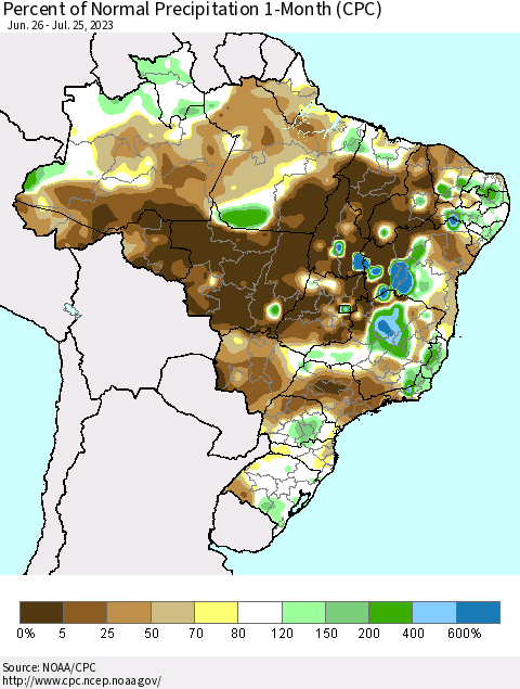 Brazil Percent of Normal Precipitation 1-Month (CPC) Thematic Map For 6/26/2023 - 7/25/2023